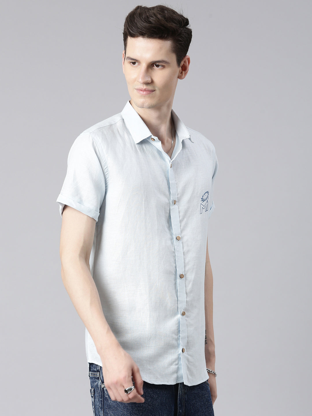 Ecentric-Mumbai Indians Official Men Light Blue Back Printed Hemp Half Sleeves Shirt