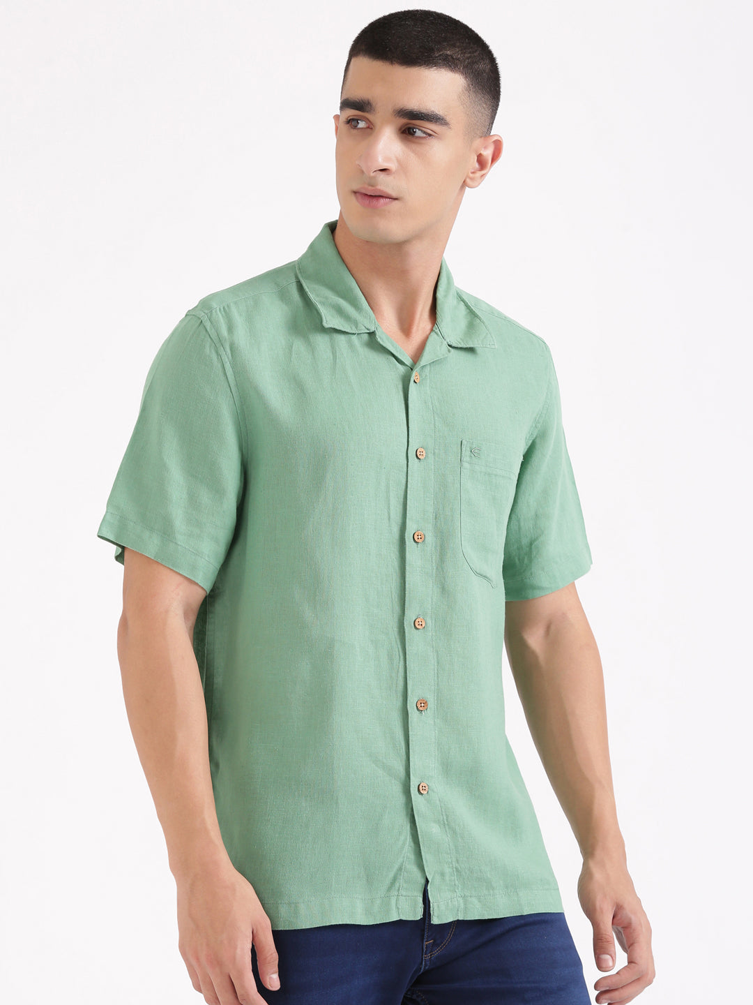 Mint Green Men Hemp Cuban Collar Resort Shirt