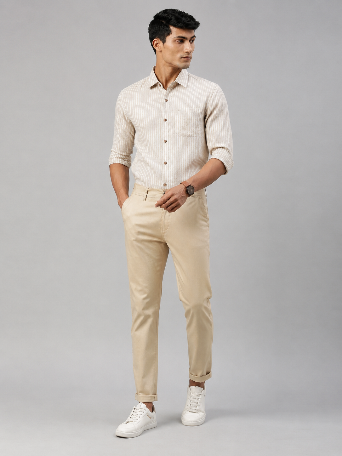 White Beige Stripes Men Hemp Full Sleeve Shirt