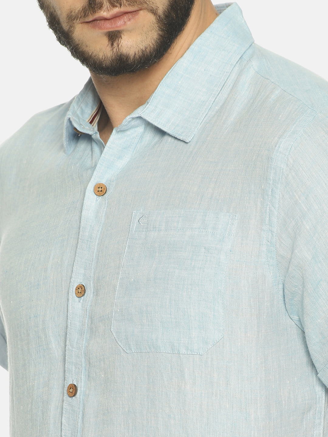 Sky Blue Men Hemp Half Sleeve Shirt
