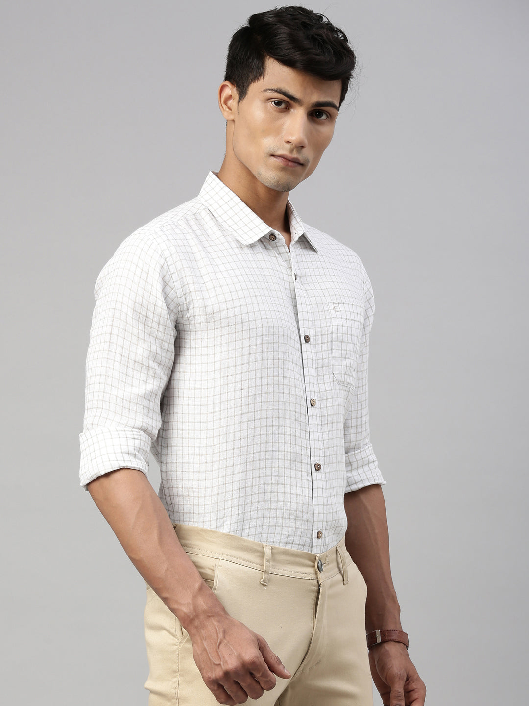 White Beige Checks Men Hemp Full Sleeve Shirt