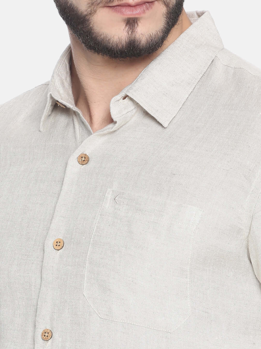 Beige Men Hemp Full Sleeve Shirt