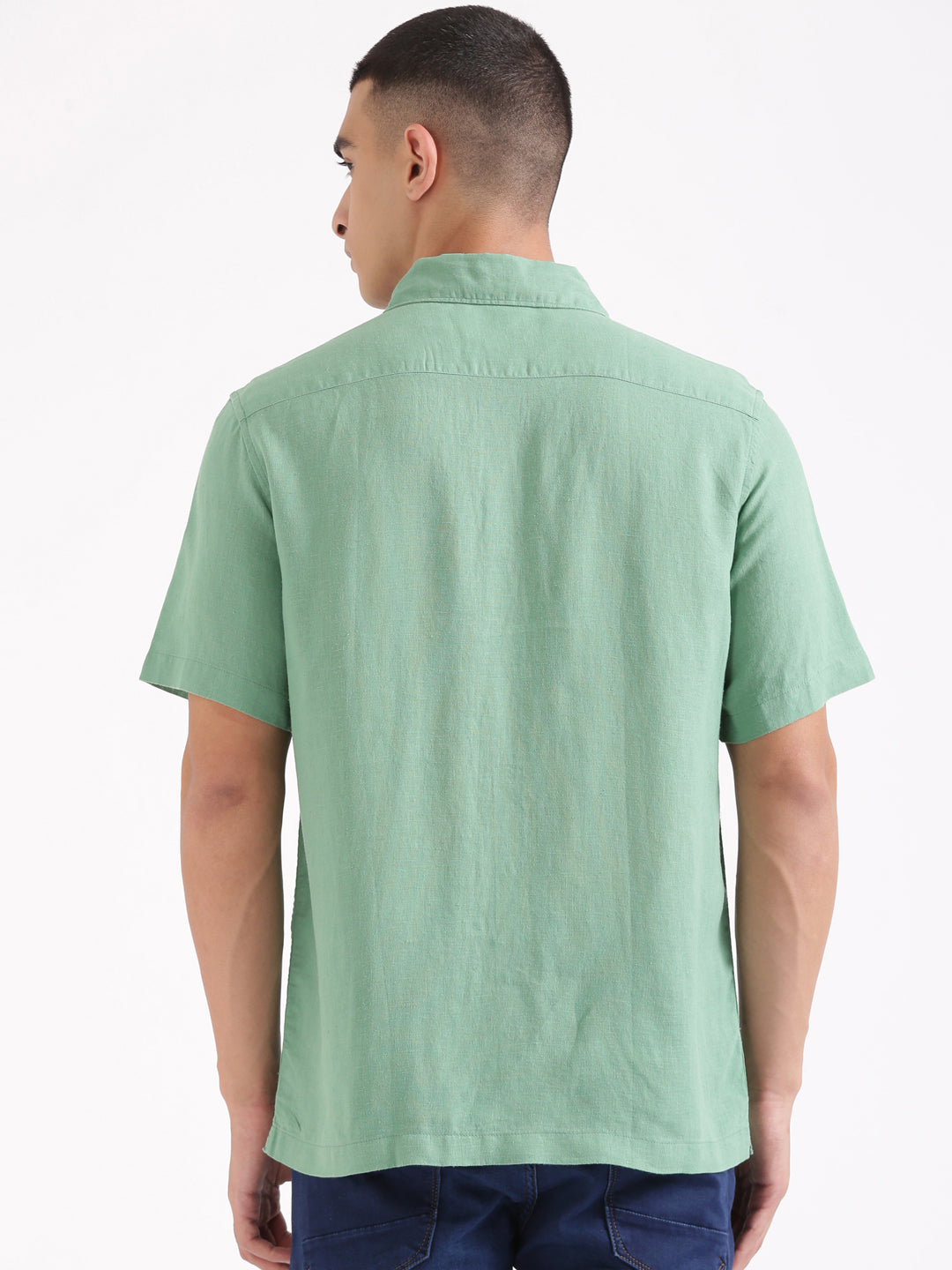 Mint Green Men Hemp Cuban Collar Resort Shirt