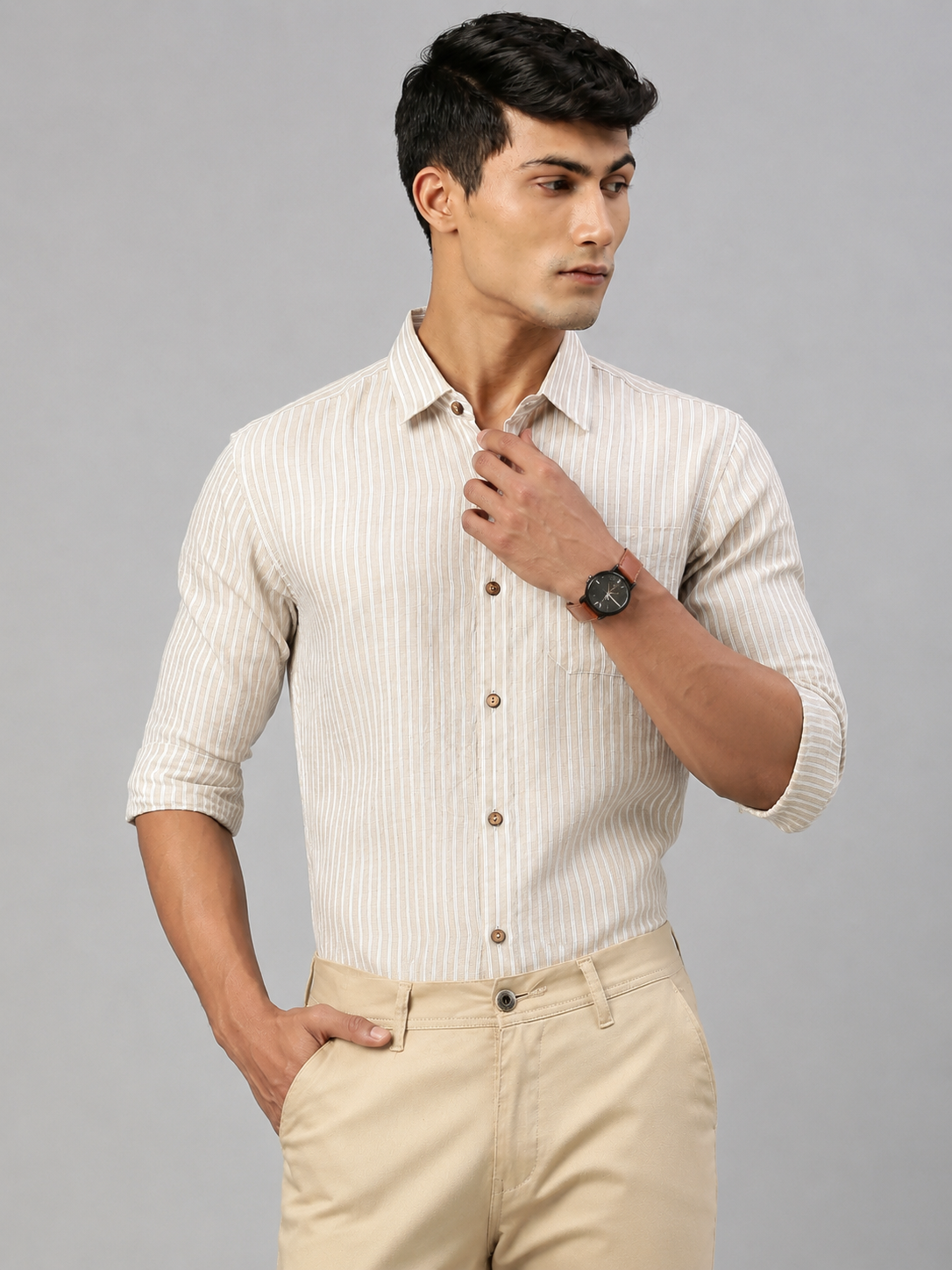White Beige Stripes Men Hemp Full Sleeve Shirt