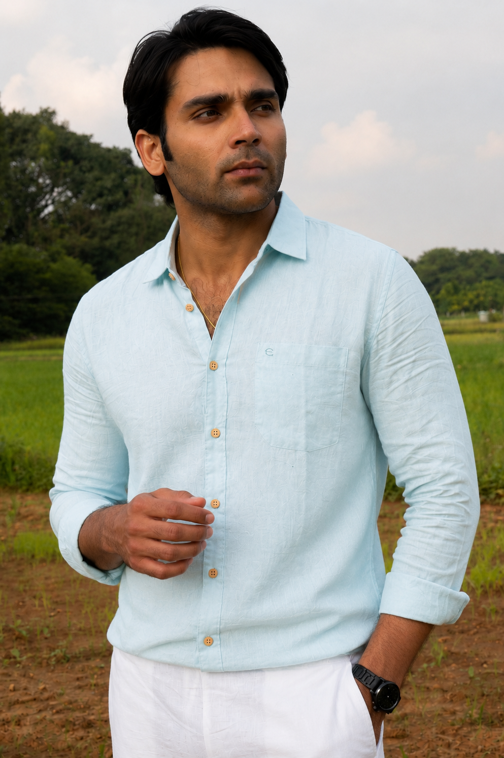 Sky Blue Men Hemp Full Sleeve Shirt