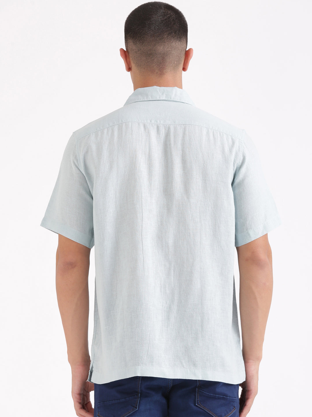 Cadet Blue Men Hemp Cuban Collar Resort Shirt