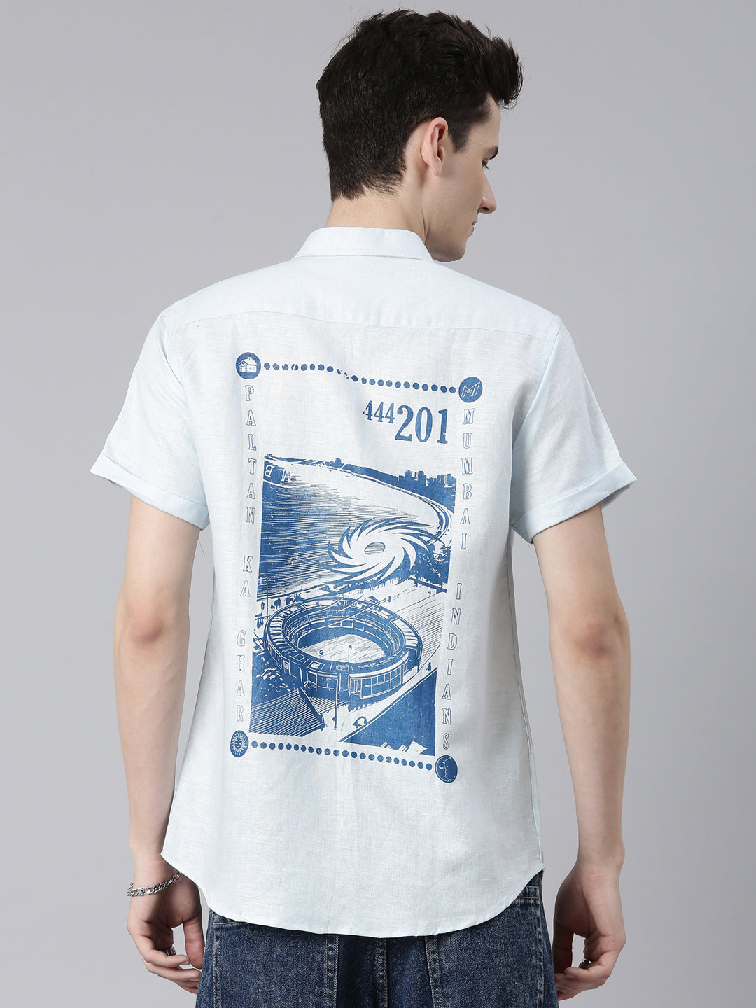 Ecentric-Mumbai Indians Official Men Light Blue Back Printed Hemp Half Sleeves Shirt