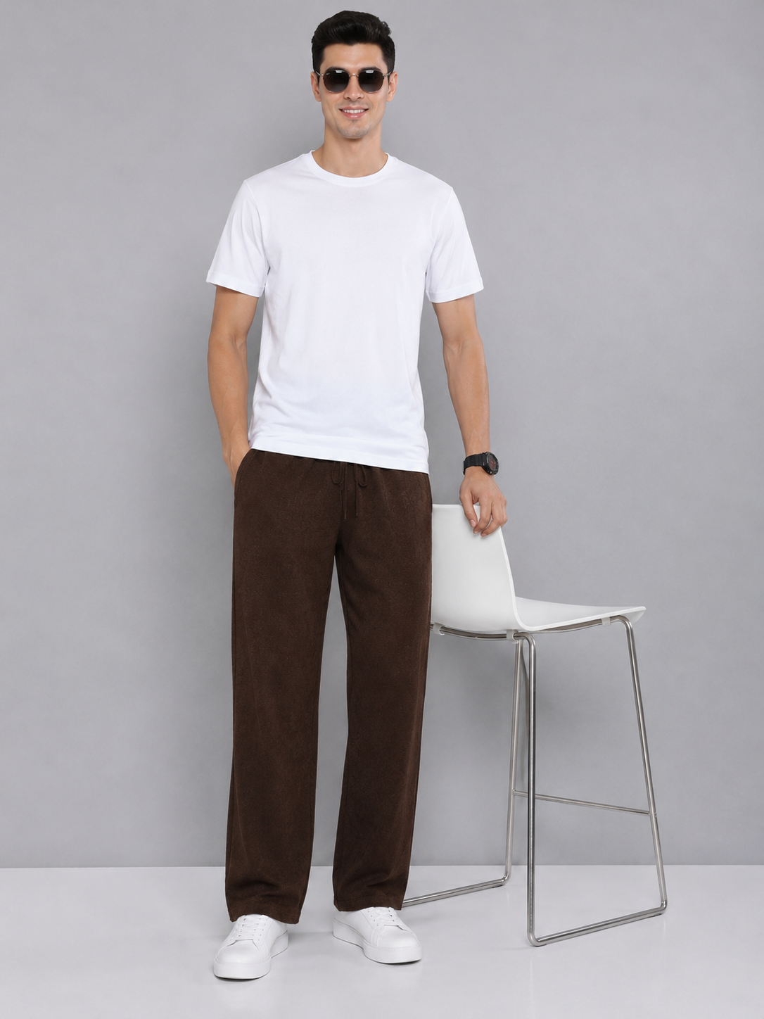 Dark Brown Men Hemp Broad Bottom Comfort Pant