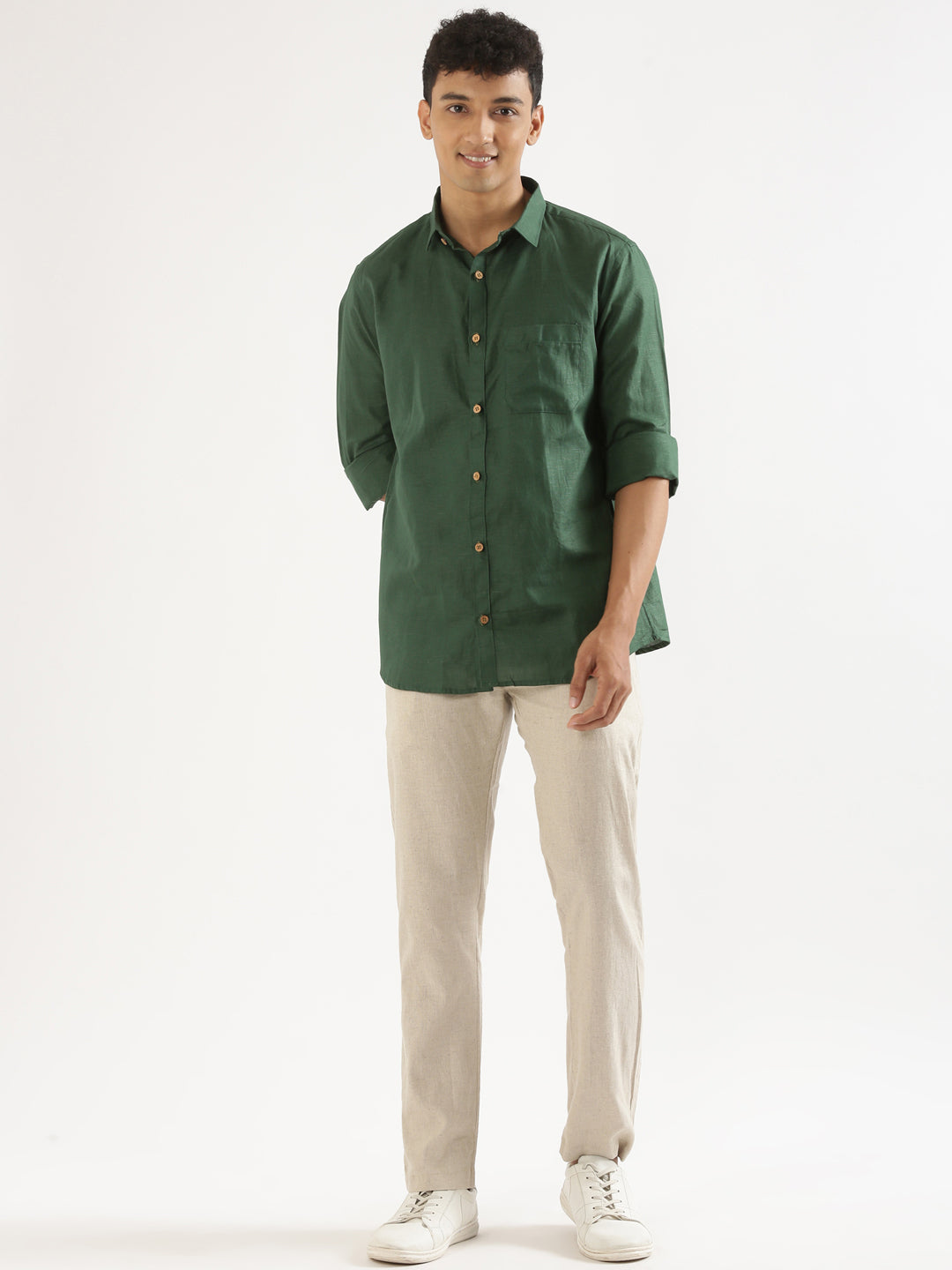 Bottle Green Men Hemp Full Sleeve Shirt