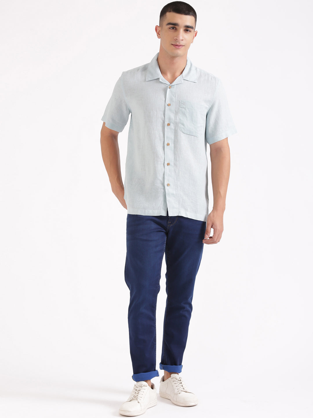 Cadet Blue Men Hemp Cuban Collar Resort Shirt