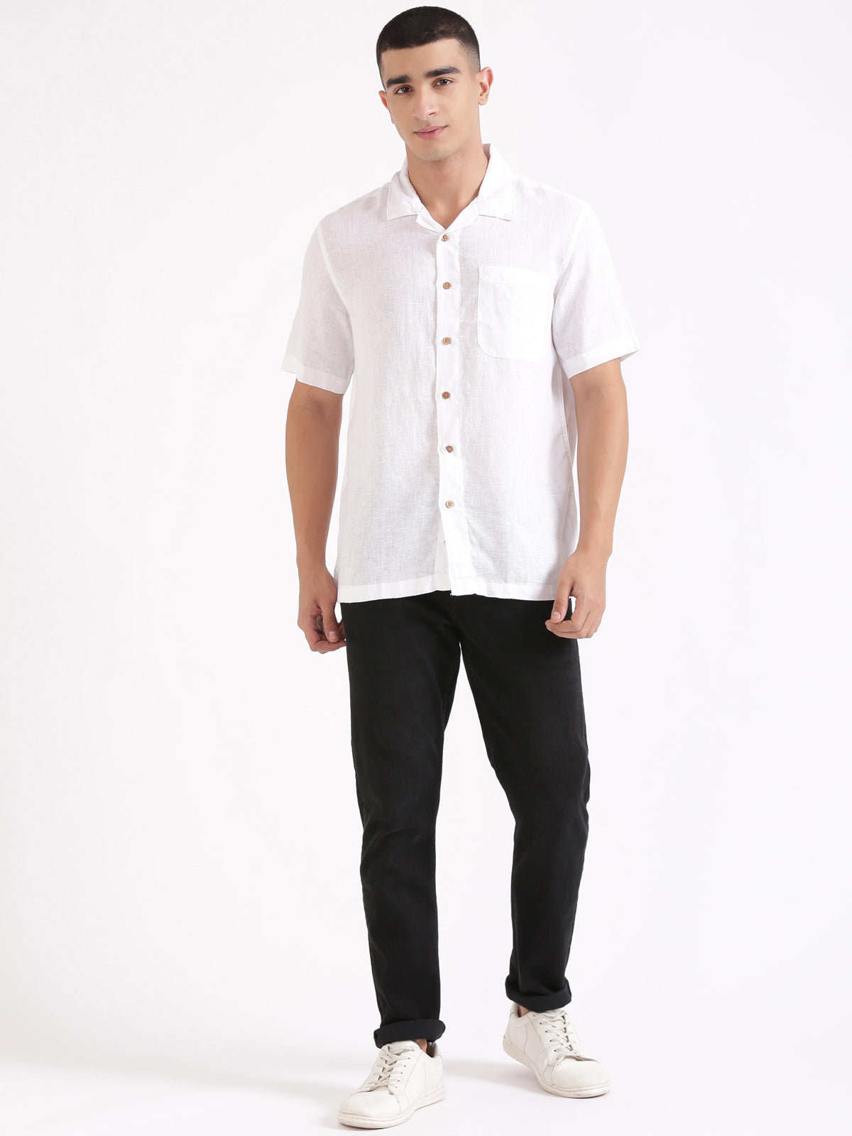 White Men Hemp Cuban Collar Resort Shirt