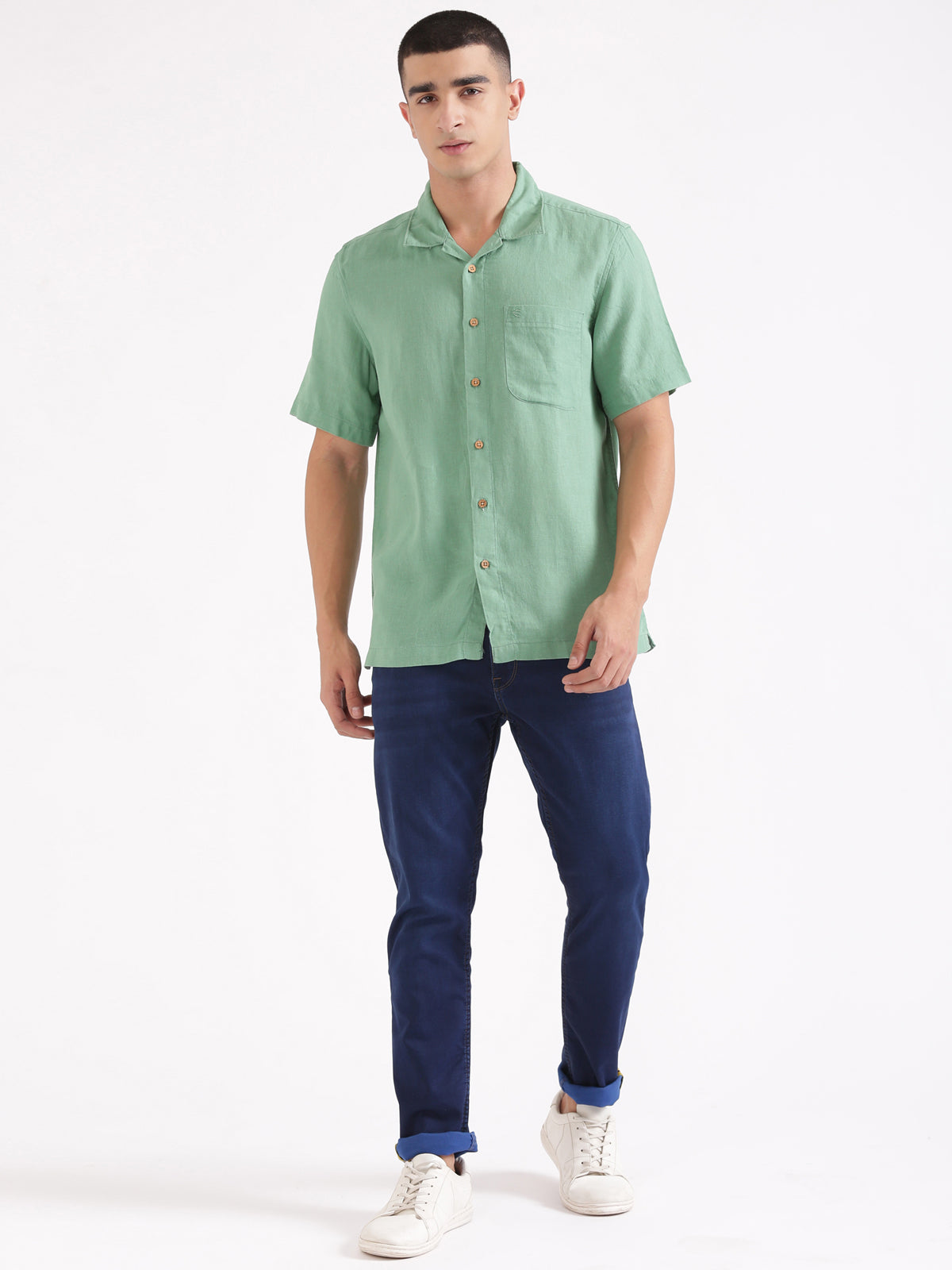 Mint Green Men Hemp Cuban Collar Resort Shirt