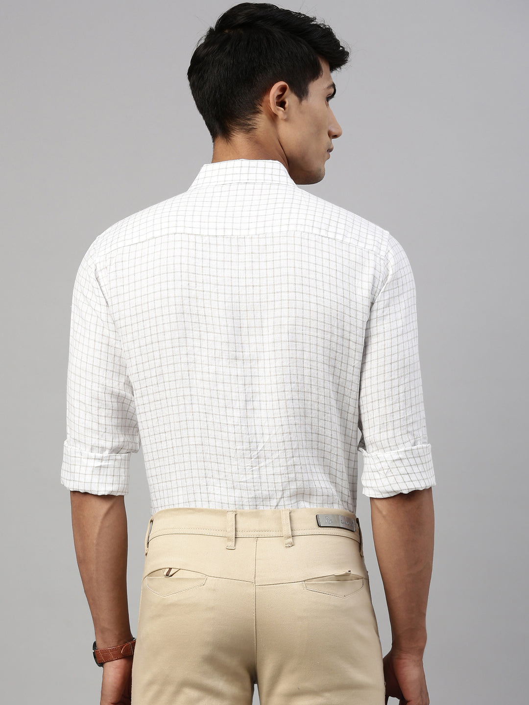 White Beige Checks Men Hemp Full Sleeve Shirt