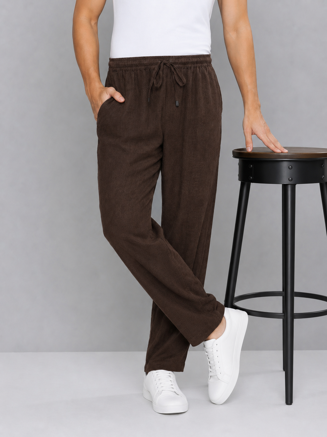 Dark Brown Men Hemp Broad Bottom Comfort Pant