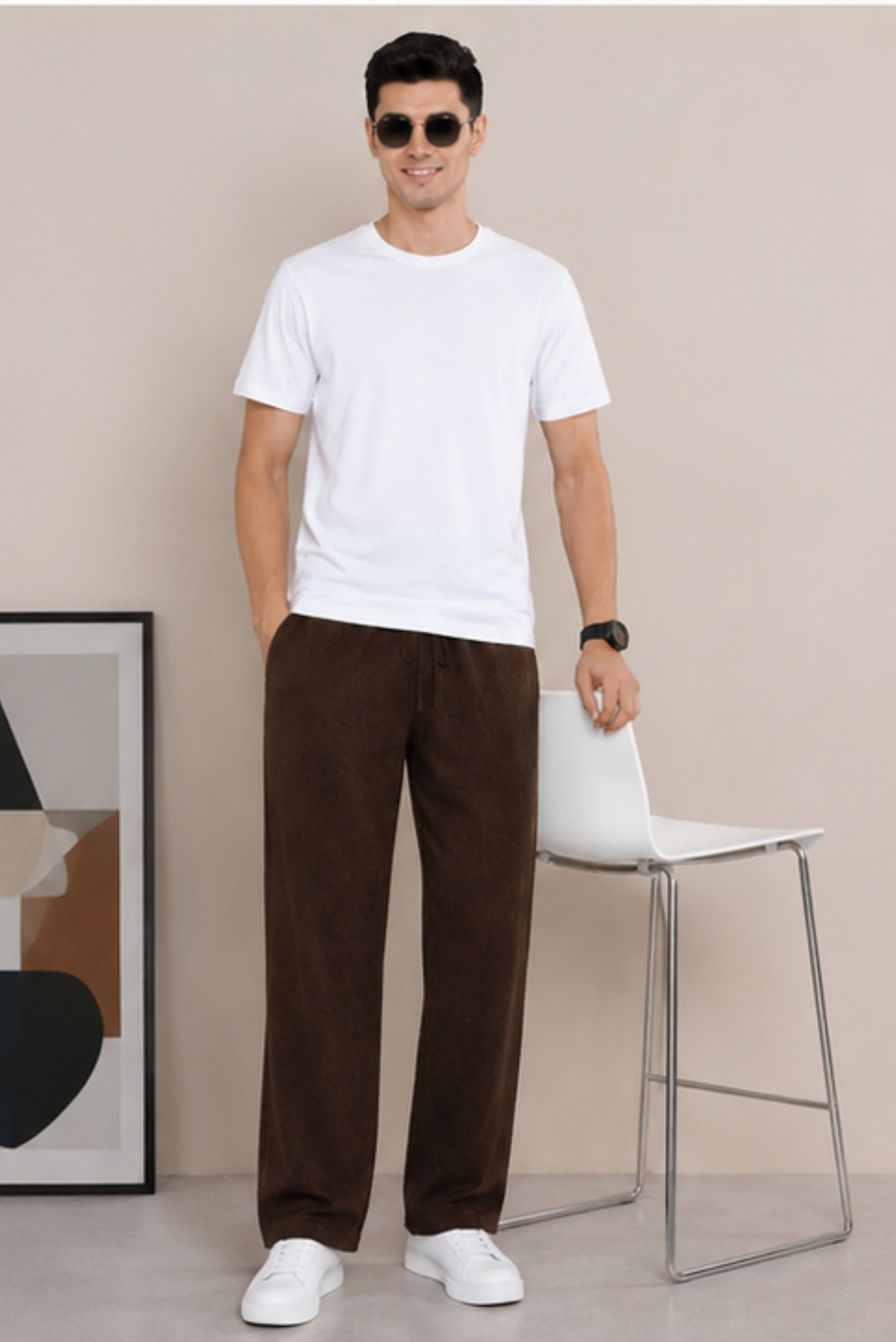 Dark Brown Men Hemp Broad Bottom Comfort Pant