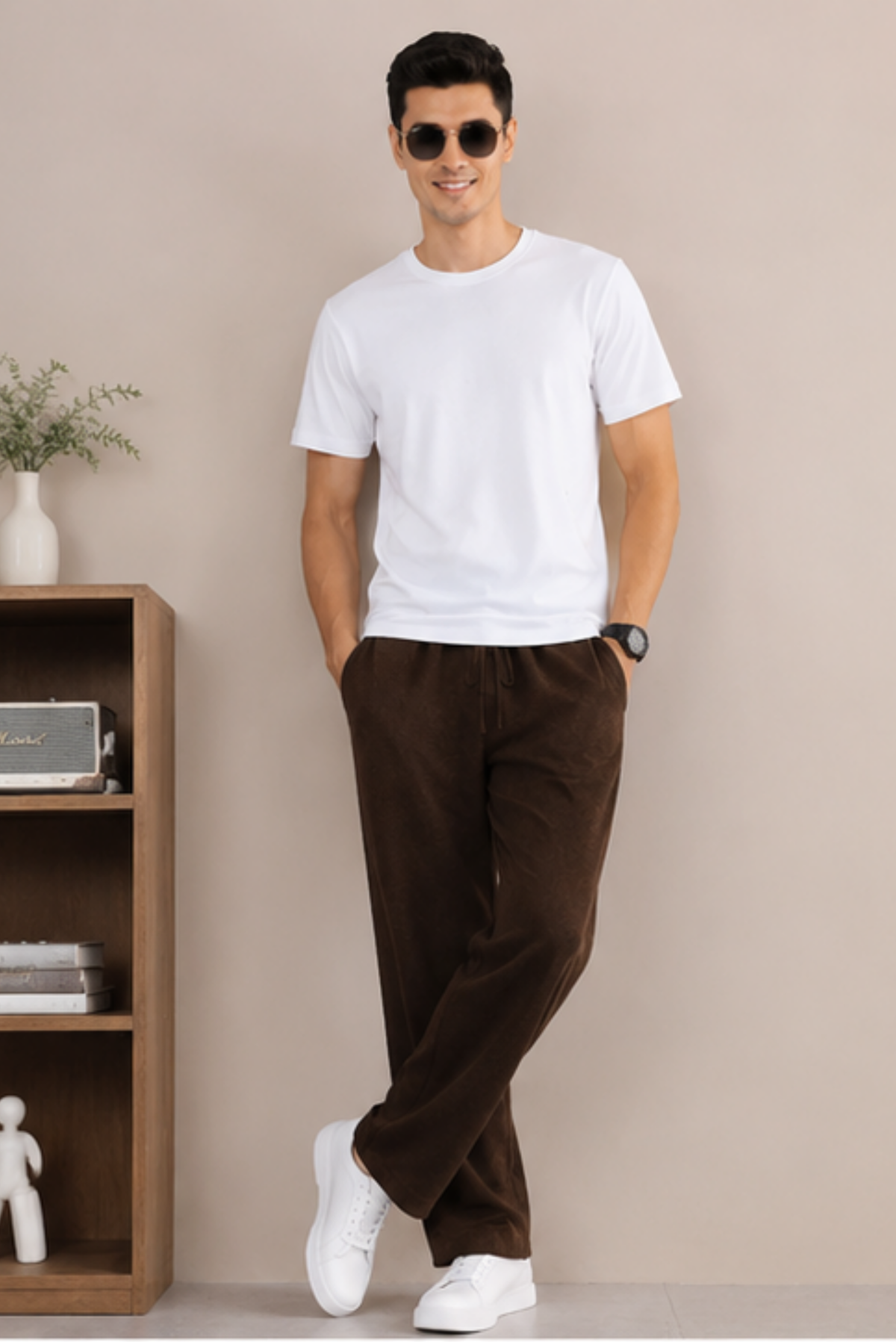 Dark Brown Men Hemp Broad Bottom Comfort Pant
