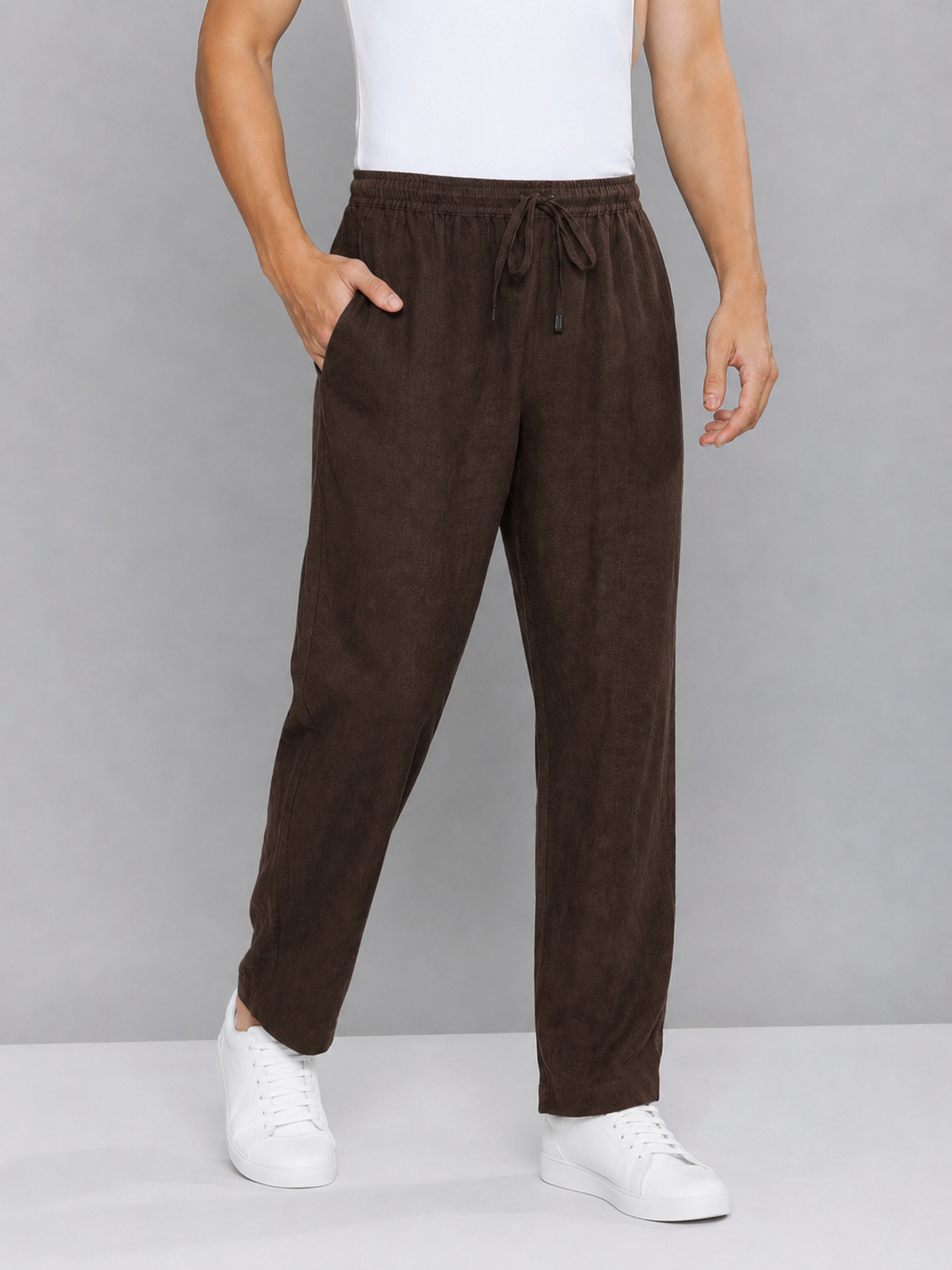 Dark Brown Men Hemp Broad Bottom Comfort Pant