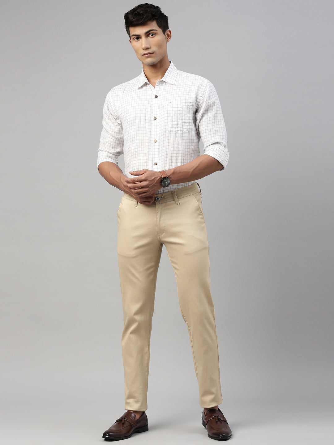 White Beige Checks Men Hemp Full Sleeve Shirt