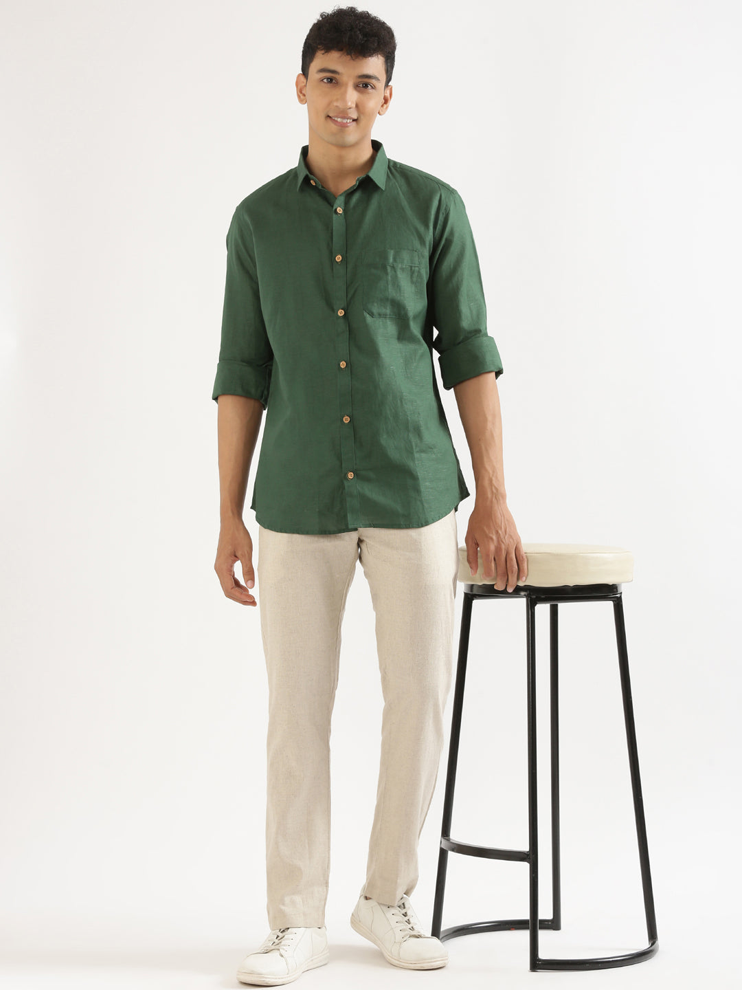 Bottle Green Men Hemp Full Sleeve Shirt
