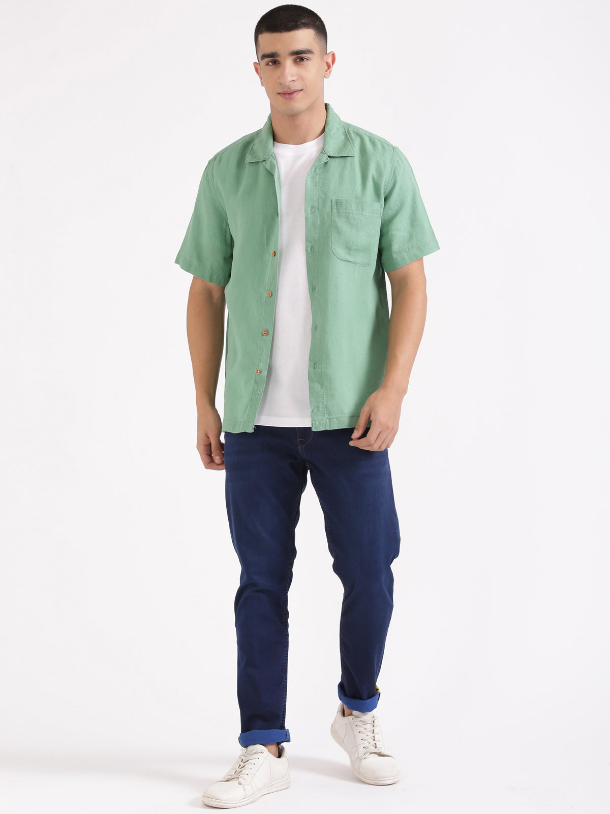 Mint Green Men Hemp Cuban Collar Resort Shirt