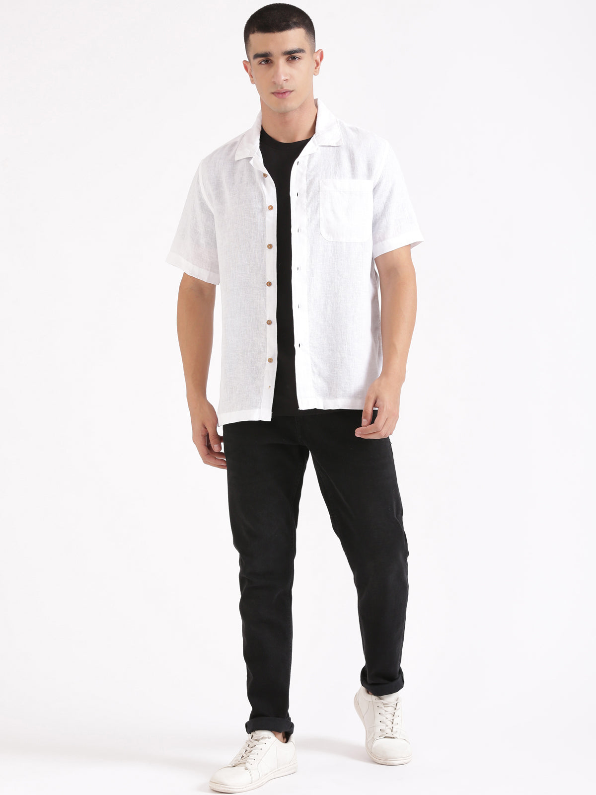 White Men Hemp Cuban Collar Resort Shirt