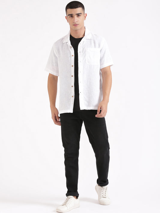 White Men Hemp Cuban Collar Resort Shirt