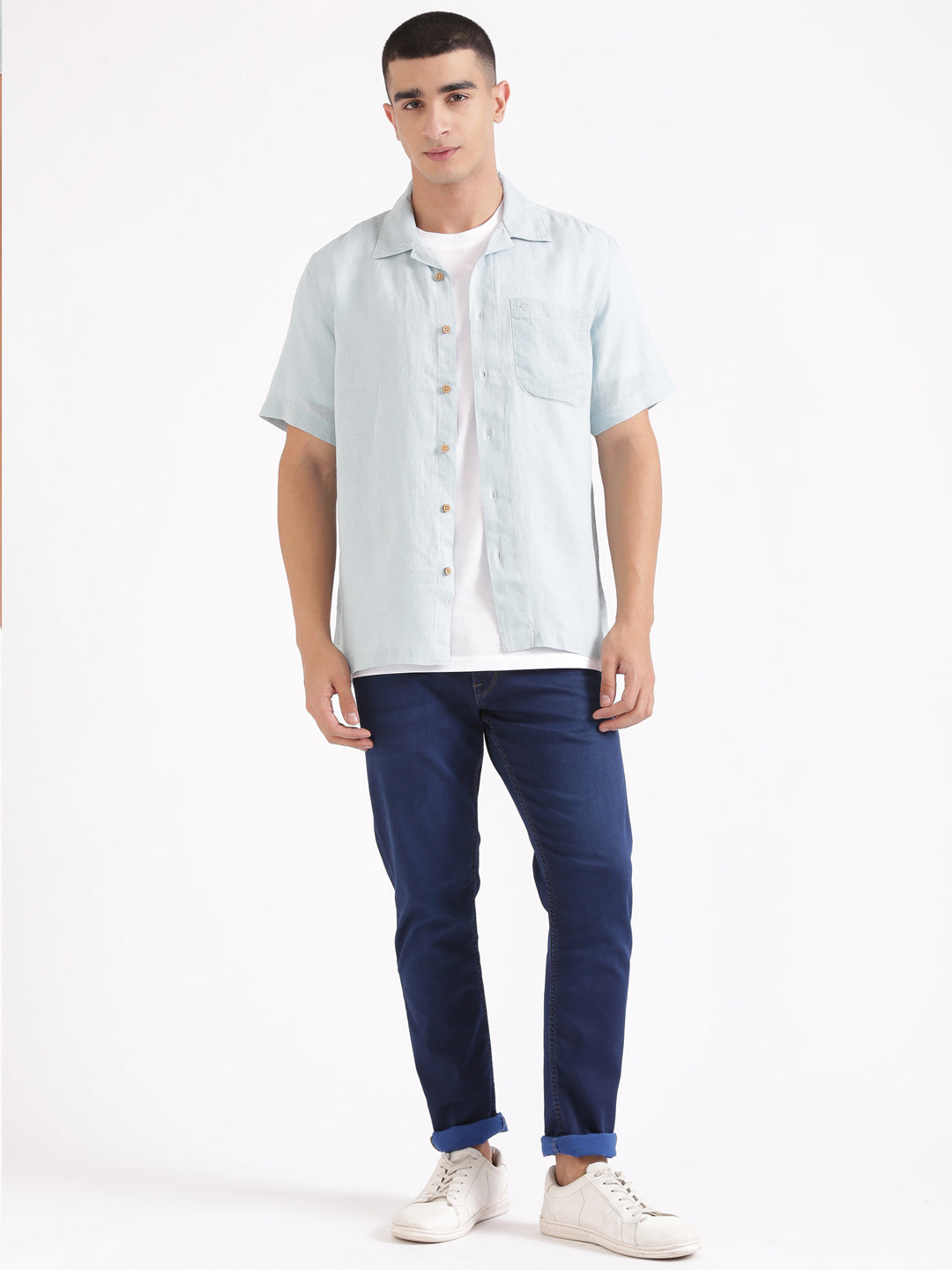 Cadet Blue Men Hemp Cuban Collar Resort Shirt