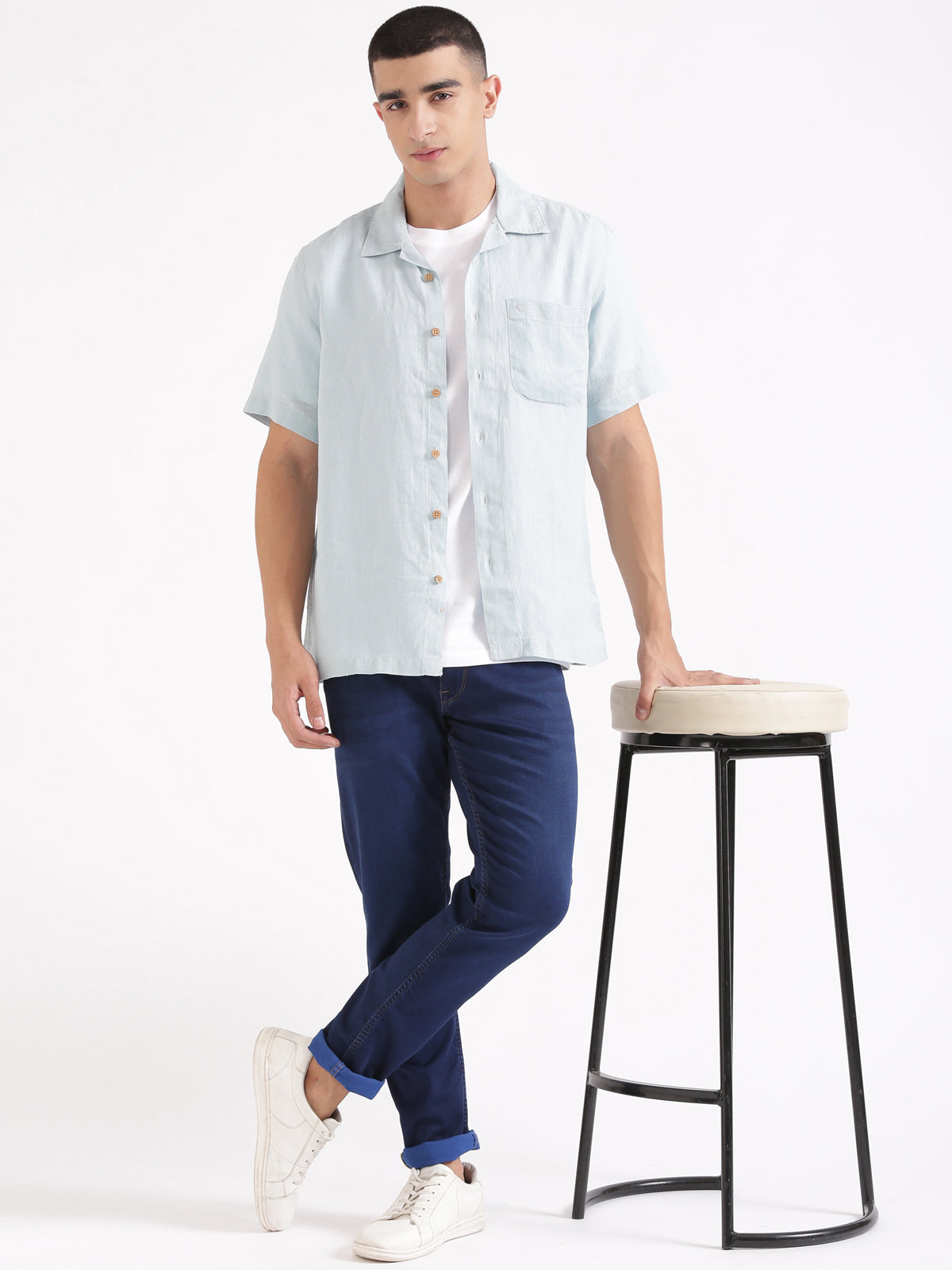 Cadet Blue Men Hemp Cuban Collar Resort Shirt