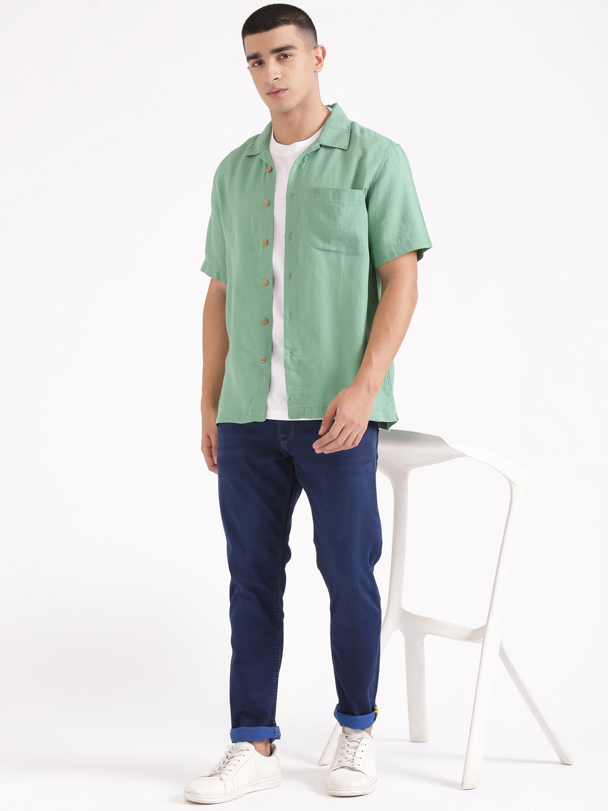 Mint Green Men Hemp Cuban Collar Resort Shirt