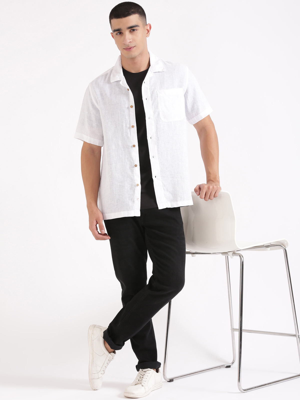 White Men Hemp Cuban Collar Resort Shirt