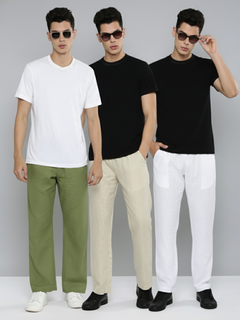 Men Hemp Comfort Pant (Pack of 3, Olive, Beige and White)