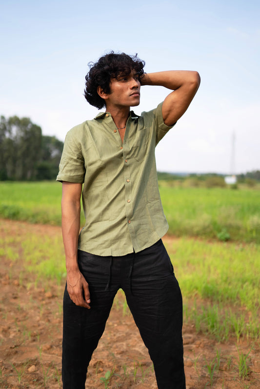 Olive and Black (Pack of 2) Men Hemp Half Sleeve Shirt