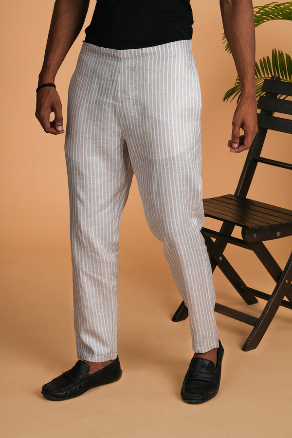 Beige White Stripes Men Hemp Lounge Pant