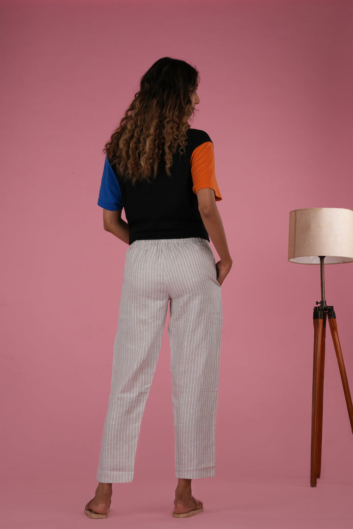 Women Beige White Stripes Hemp Lounge Pant