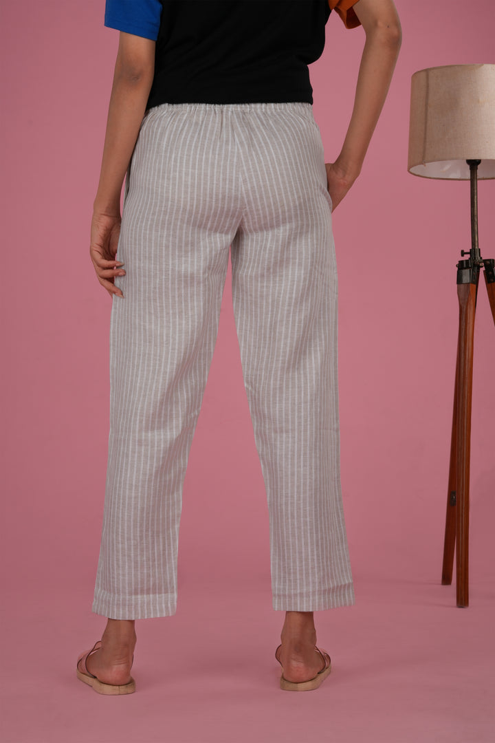 Women Beige White Stripes Hemp Lounge Pant with pocket
