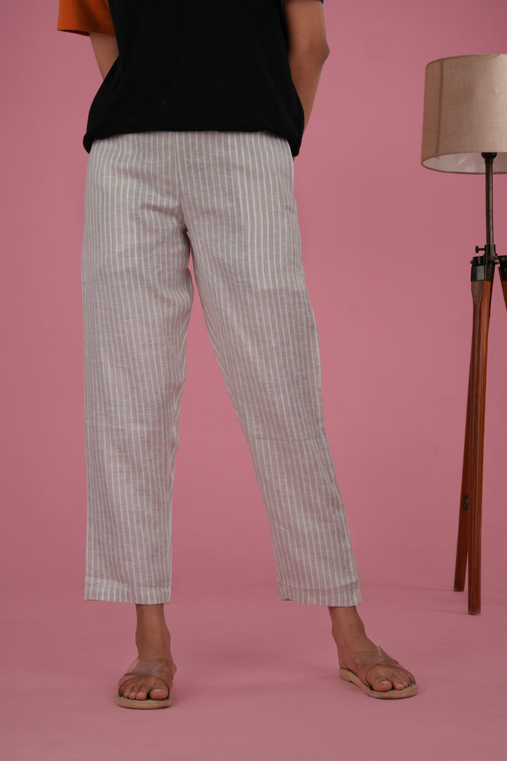 comfortable Women Beige White Stripes Hemp Lounge Pant
