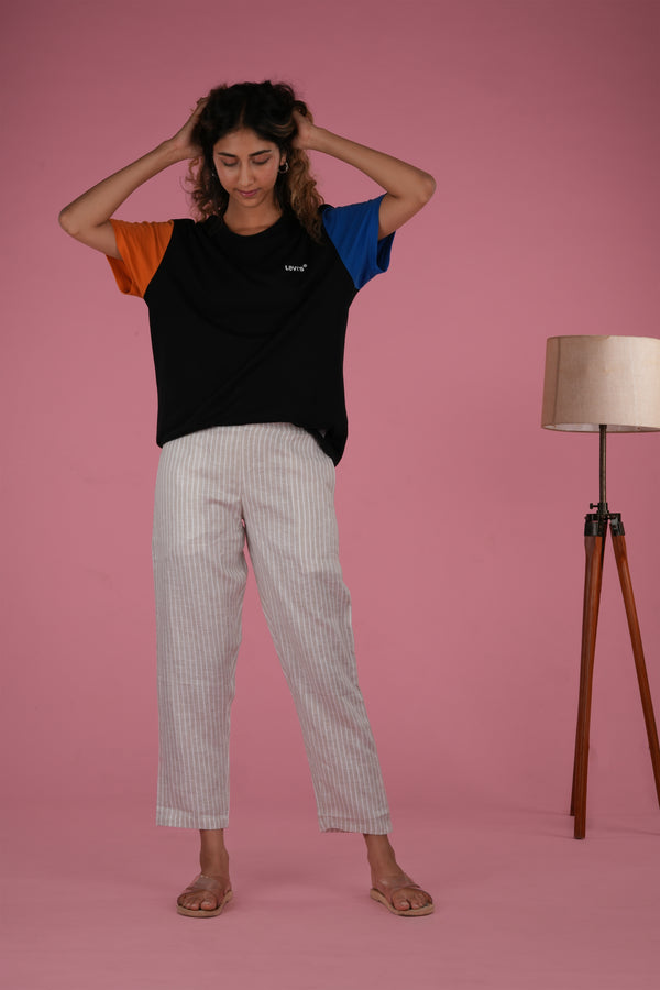 Women Beige White Stripes Hemp Lounge Pant