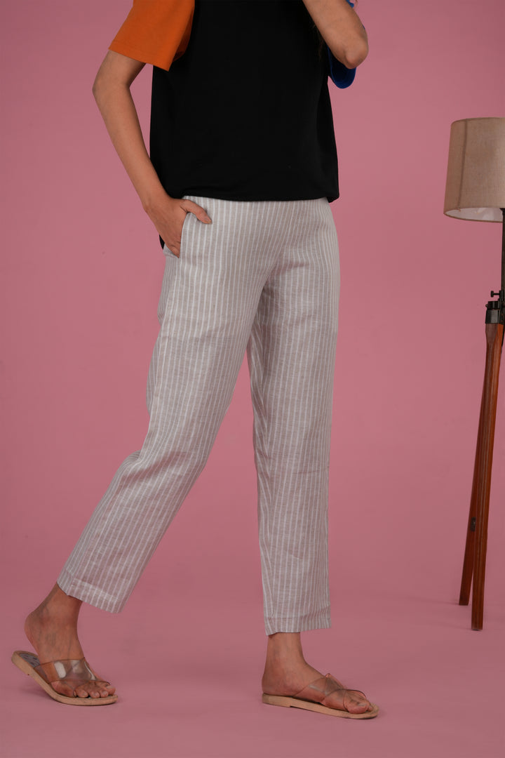 stylish Women Beige White Stripes Hemp Lounge Pant