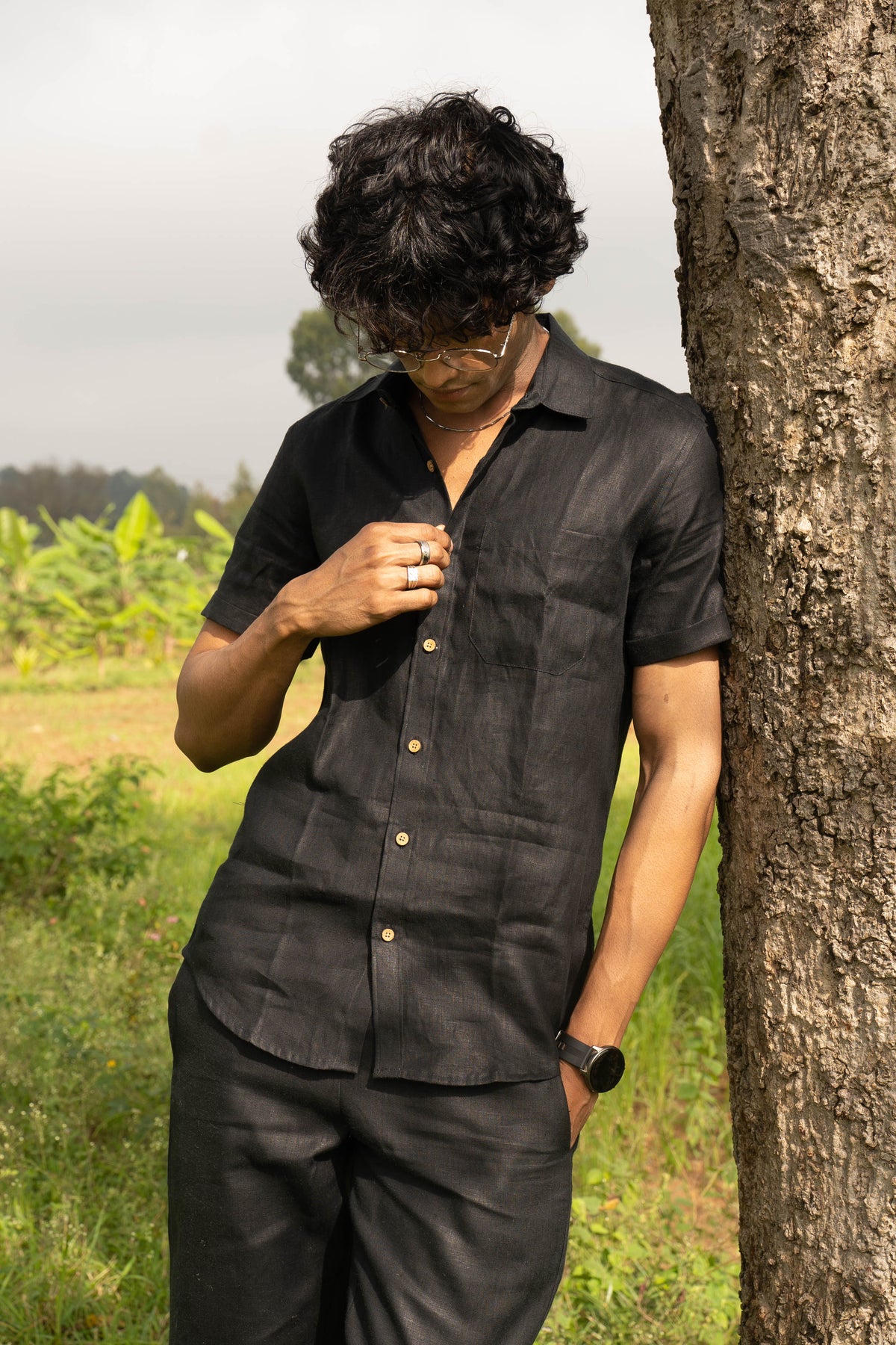Olive and Black (Pack of 2) Men Hemp Half Sleeve Shirt