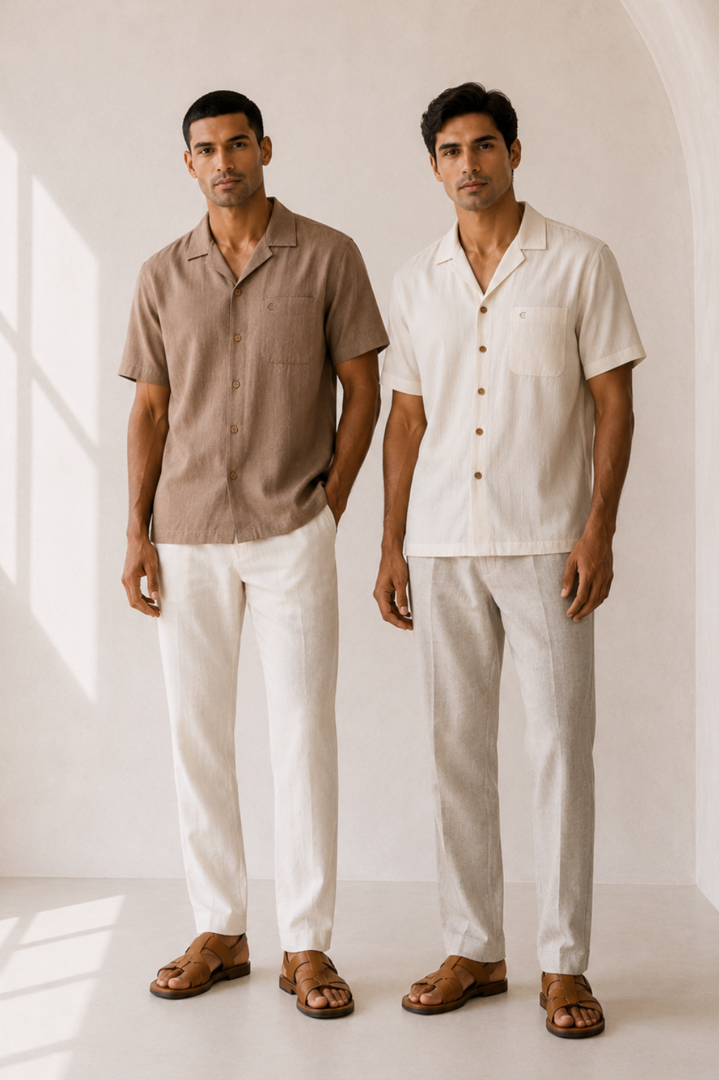 Choco Brown and Off White (Pack of 2) Men Hemp Cuban Collar Resort Shirt