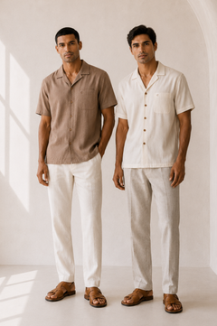 Choco Brown and Off White (Pack of 2) Men Hemp Cuban Collar Resort Shirt