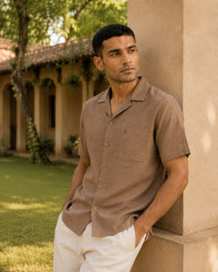 Choco Brown Men Hemp Cuban Collar Resort Shirt