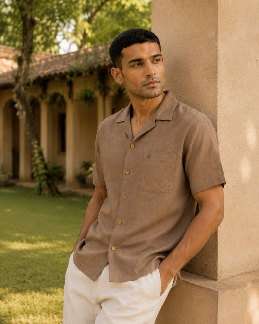 Choco Brown Men Hemp Cuban Collar Resort Shirt