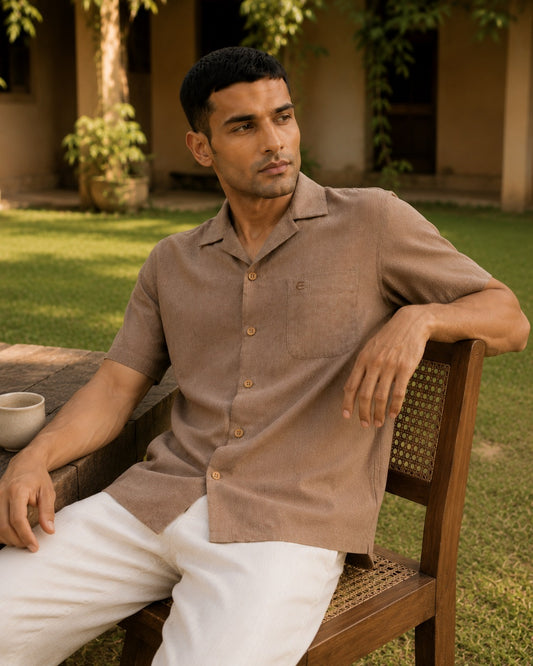 Choco Brown Men Hemp Cuban Collar Resort Shirt