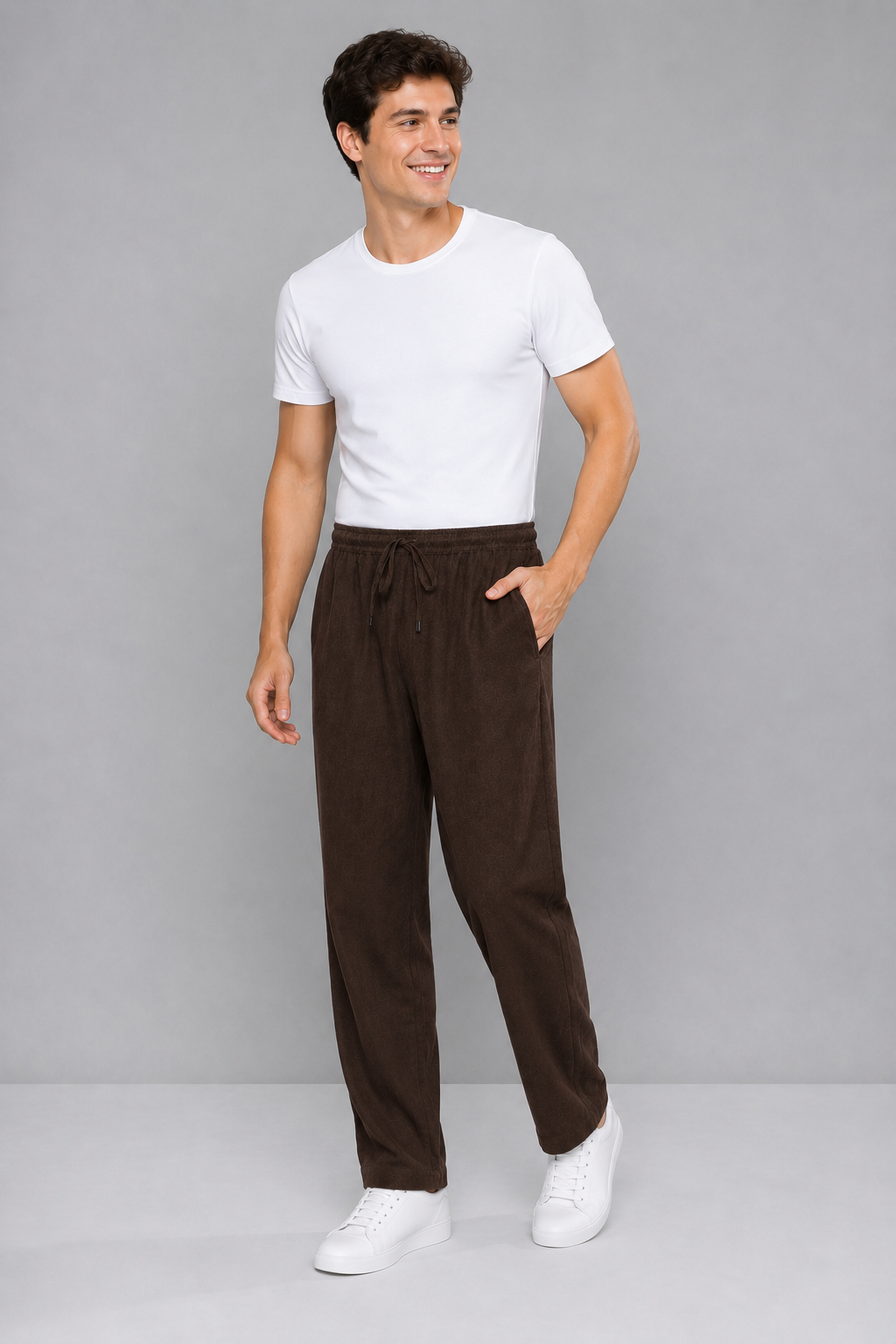 Dark Brown Men Hemp Broad Bottom Comfort Pant
