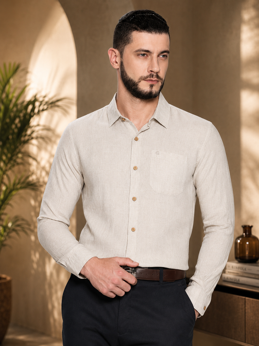 Beige Men Hemp Full Sleeve Shirt