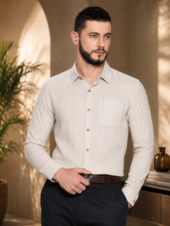 Beige Men Hemp Full Sleeve Shirt