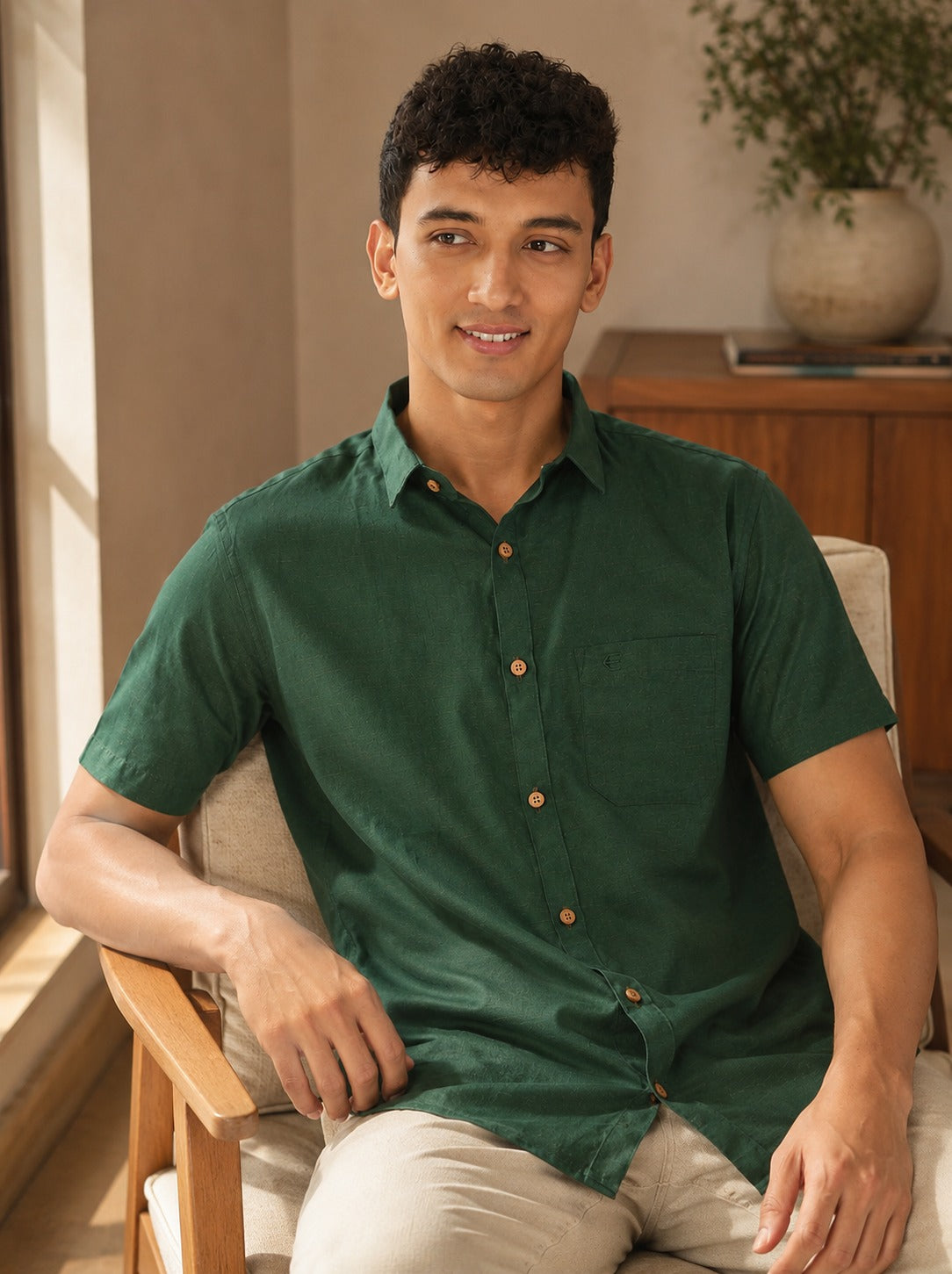 Bottle Green Men Hemp Half Sleeve Shirt