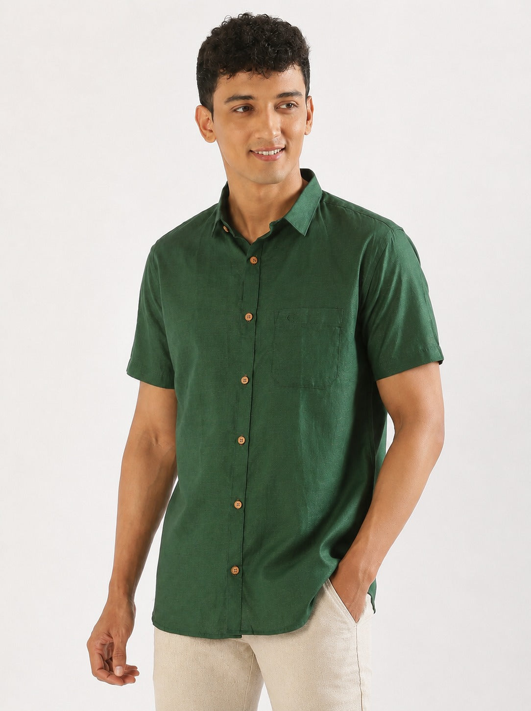 Bottle Green Men Hemp Half Sleeve Shirt