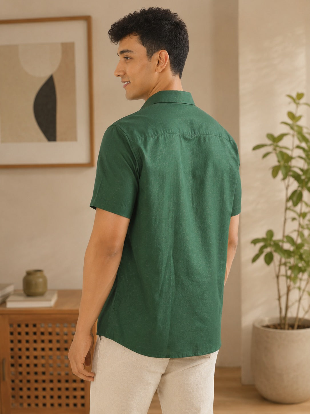 Bottle Green Men Hemp Half Sleeve Shirt